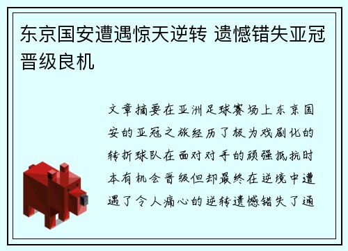东京国安遭遇惊天逆转 遗憾错失亚冠晋级良机