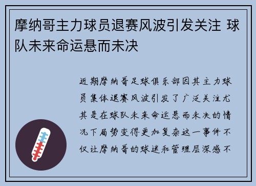 摩纳哥主力球员退赛风波引发关注 球队未来命运悬而未决