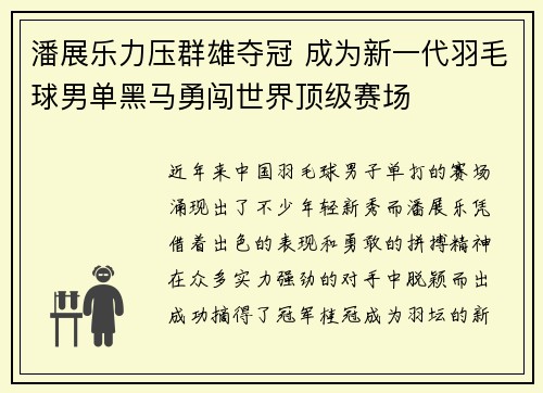 潘展乐力压群雄夺冠 成为新一代羽毛球男单黑马勇闯世界顶级赛场